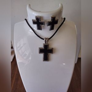 Silvertone/ Black Cross & Earrings Set